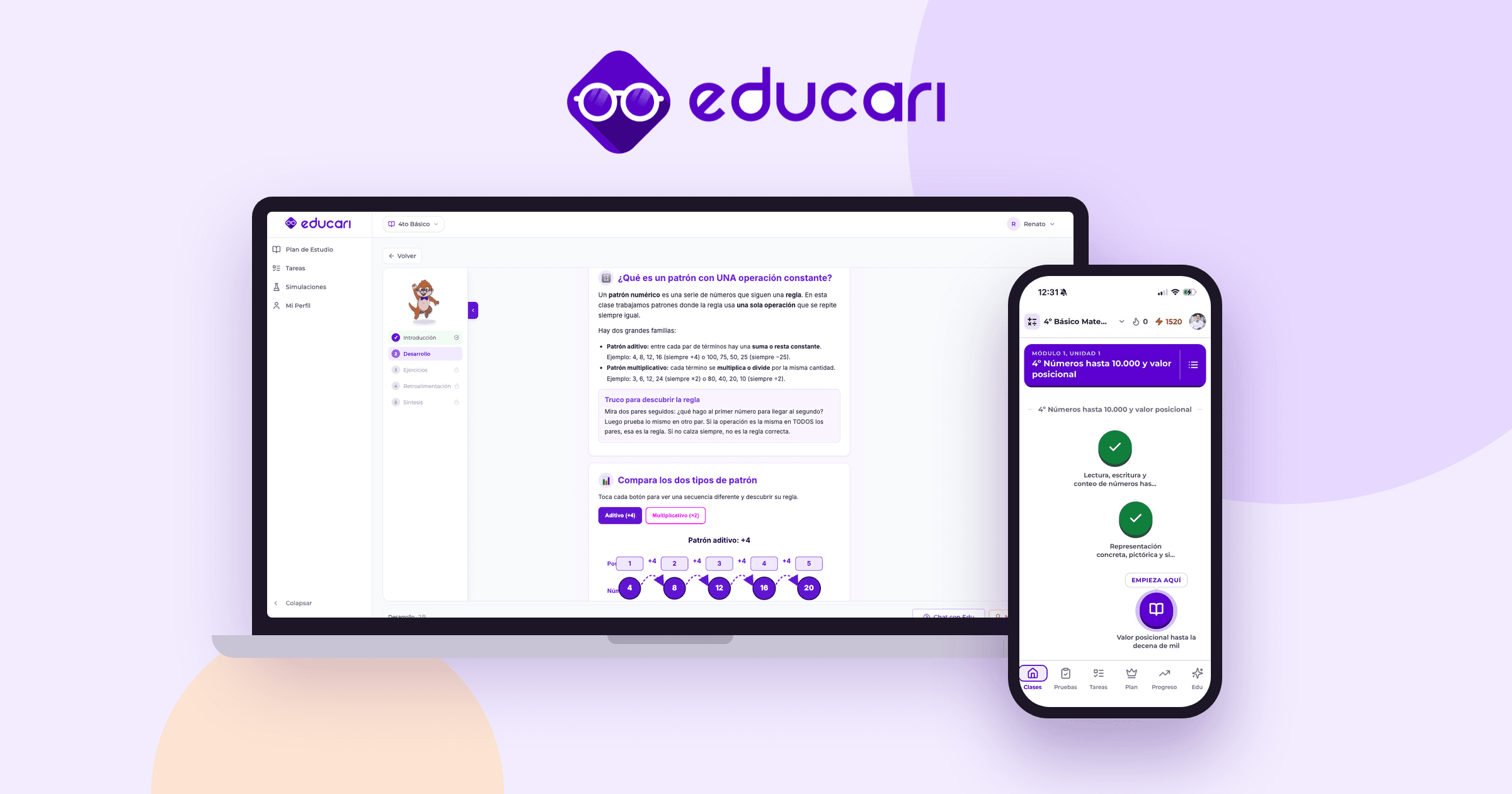Logo de Educari sobre un computador con una clase de patrones numéricos y un celular con la ruta de aprendizaje de 4° básico